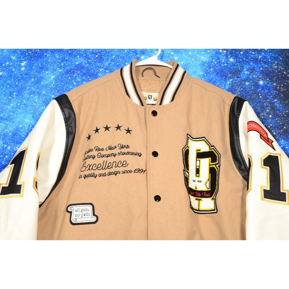 Smoke Rise Varsity Jacket Mens 2XL Tan White Letterman Quilted Snap Patches - Picture 3 of 10